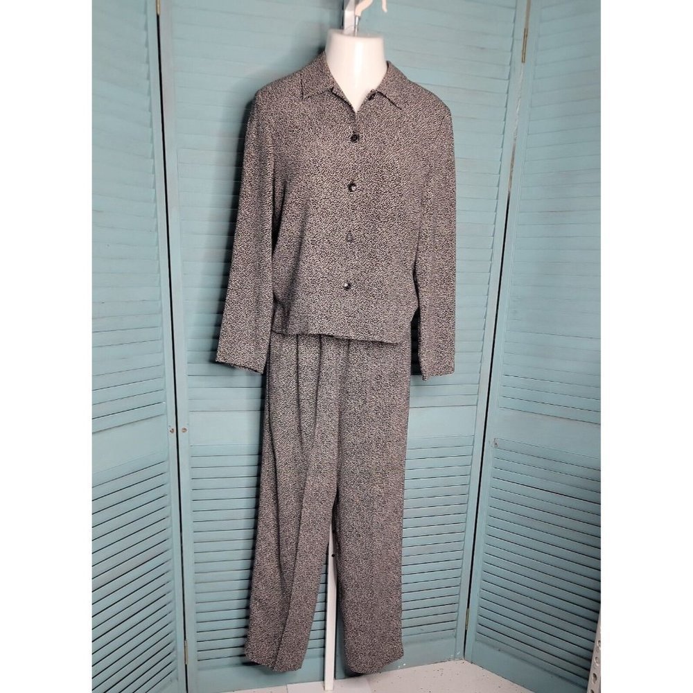 Talbots Button Up Top & Pants 2 Piece Outfit Set ~ Sz 8 ~ Black & Beige ~ Lined